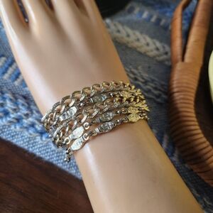 Vintage Chic Light Gold Tone 5 Layered Chunky Chain Bracelet Marked Morino